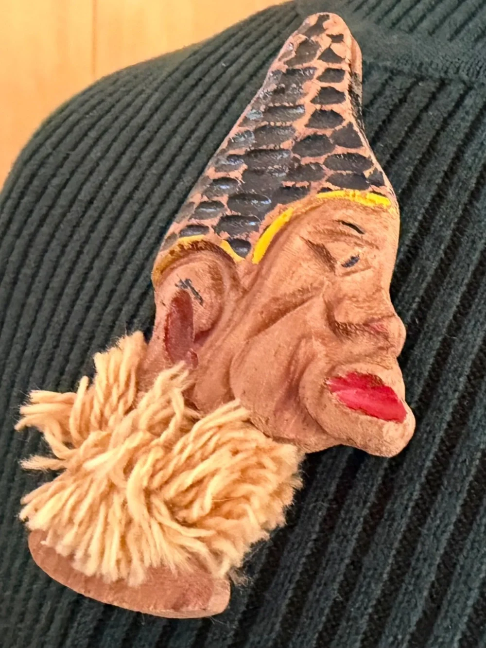 Vintage Elzac Brooch - Carved Wooden Face with a Textured Black Hat & Beige Yarn